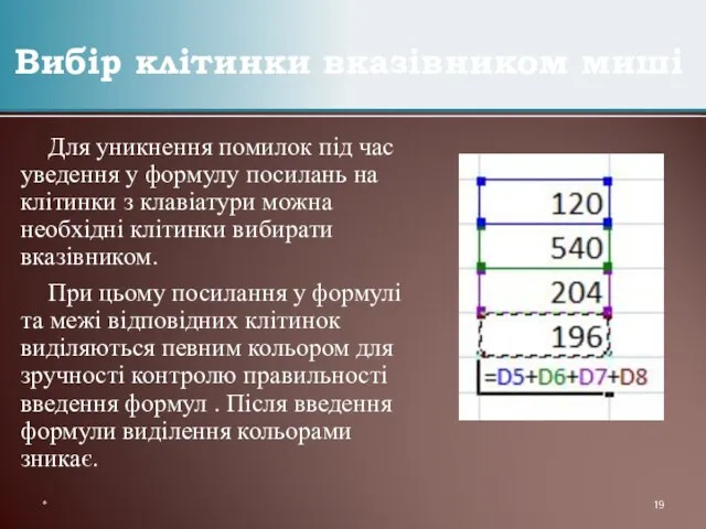 Вибір клітинки вказівником миші Для уникнення помилок під час уведення у формулу