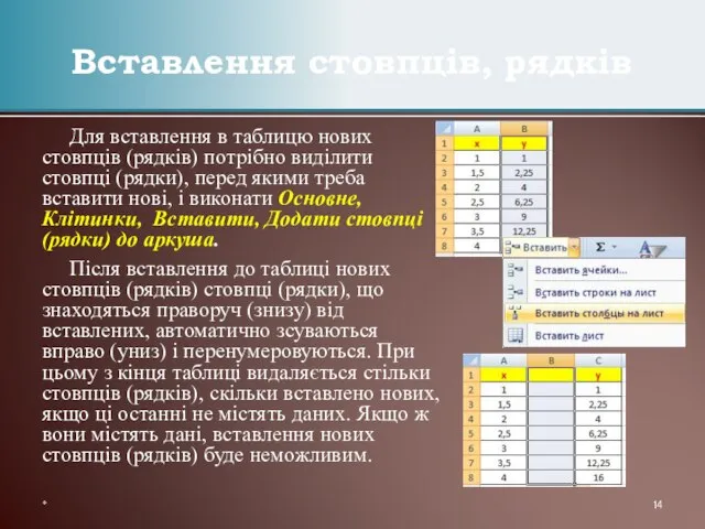 Для вставлення в таблицю нових стовпців (рядків) потрібно виділити стовпці (рядки), перед