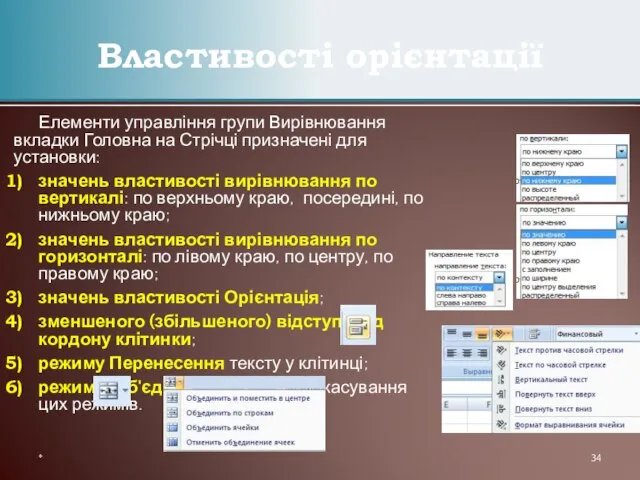 Елементи управління групи Вирівнювання вкладки Головна на Стрічці призначені для установки: значень