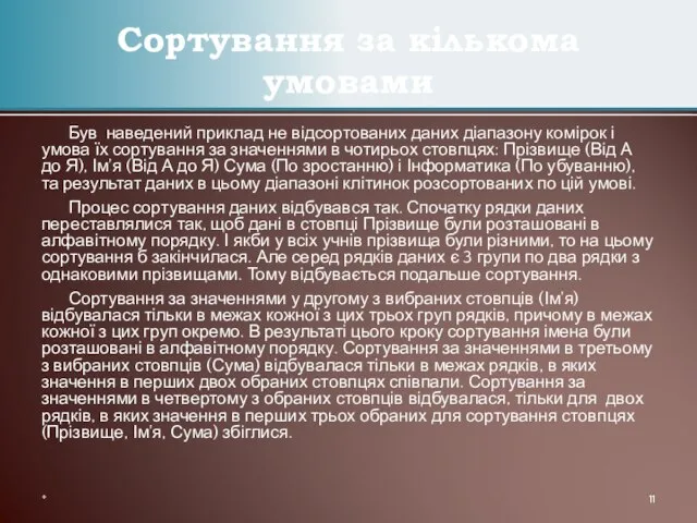 Був наведений приклад не відсортованих даних діапазону комірок і умова їх сортування