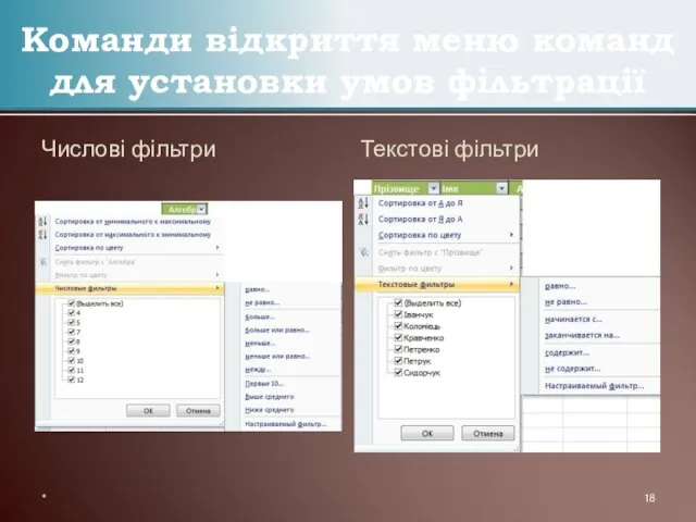 Числові фільтри Текстові фільтри Команди відкриття меню команд для установки умов фільтрації *