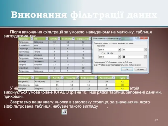 Після виконання фільтрації за умовою, наведеному на малюнку, таблиця виглядатиме так: У