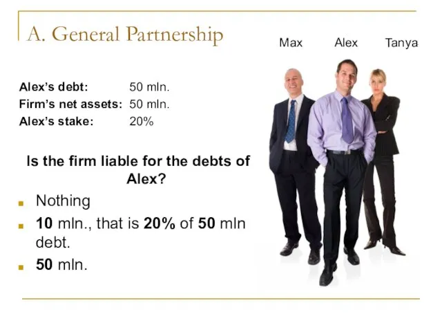 A. General Partnership Alex’s debt: 50 mln. Firm’s net assets: 50 mln.