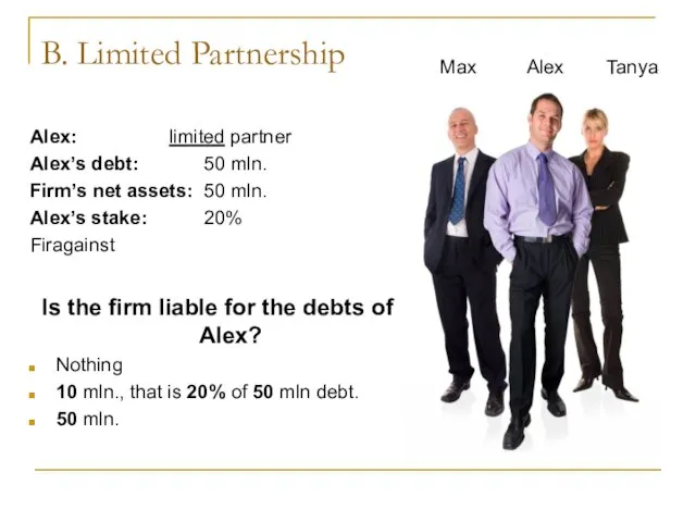 B. Limited Partnership Alex: limited partner Alex’s debt: 50 mln. Firm’s net