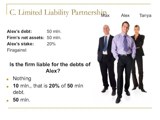 C. Limited Liability Partnership Alex’s debt: 50 mln. Firm’s net assets: 50