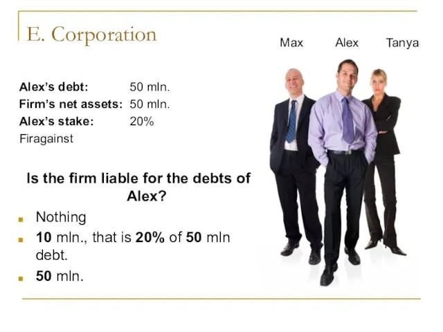 E. Corporation Alex’s debt: 50 mln. Firm’s net assets: 50 mln. Alex’s