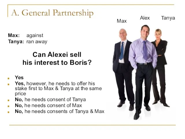 A. General Partnership Max: against Tanya: ran away Can Alexei sell his