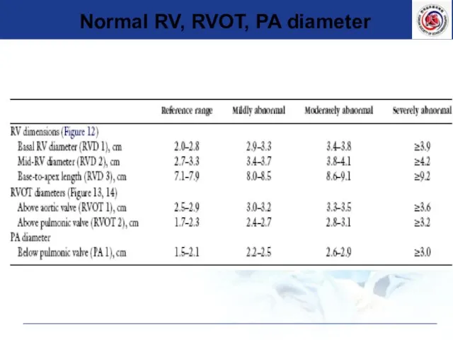 Normal RV, RVOT, PA diameter