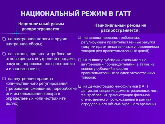 НАЦИОНАЛЬНЫЙ РЕЖИМ В ГАТТ Национальный режим распространяется: на внутренние налоги и другие