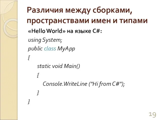 Различия между сборками, пространствами имен и типами «Hello World» на языке C#: