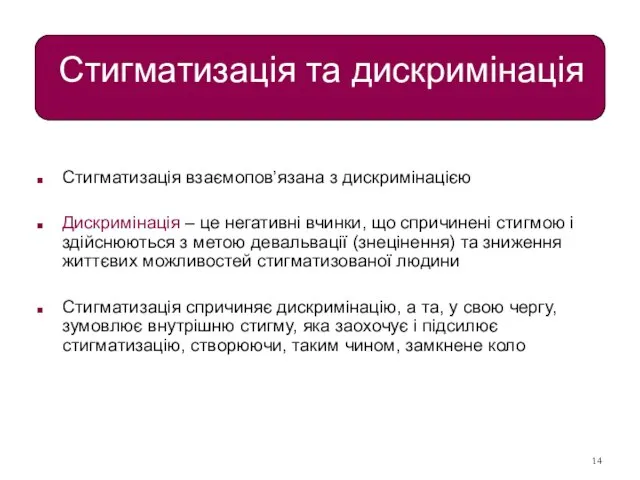 Стигматизація та дискримінація Стигматизація взаємопов’язана з дискримінацією Дискримінація – це негативні вчинки,