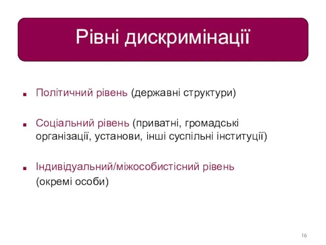 Рівні дискримінації Політичний рівень (державні структури) Соціальний рівень (приватні, громадські організації, установи,