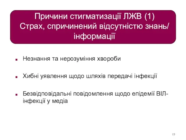 Причини стигматизації ЛЖВ (1) Страх, спричинений відсутністю знань/ інформації Незнання та нерозуміння