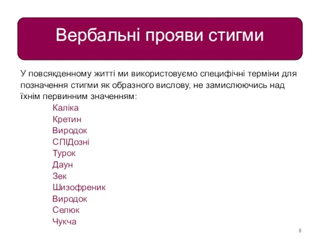 Вербальні прояви стигми У повсякденному житті ми використовуємо специфічні терміни для позначення