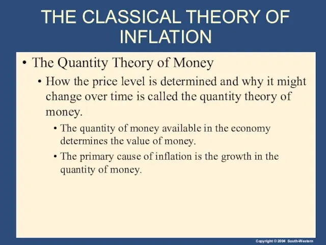 THE CLASSICAL THEORY OF INFLATION The Quantity Theory of Money How the