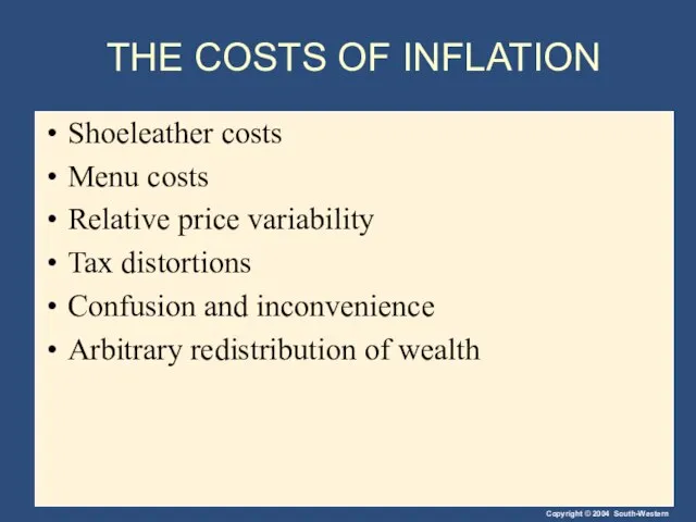 THE COSTS OF INFLATION Shoeleather costs Menu costs Relative price variability Tax