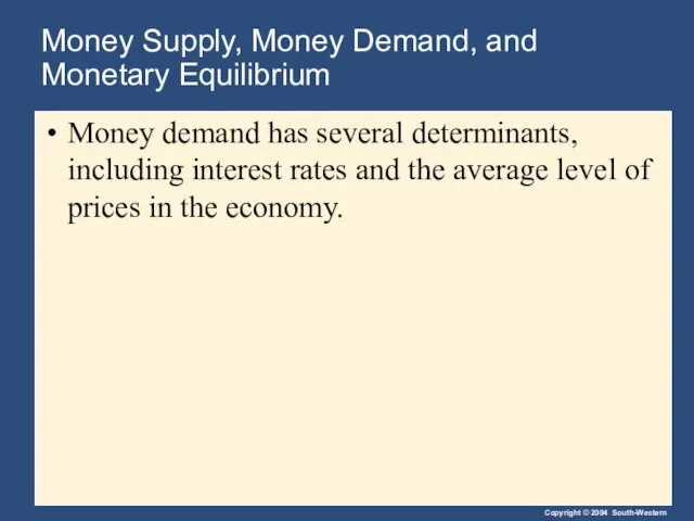 Money Supply, Money Demand, and Monetary Equilibrium Money demand has several determinants,