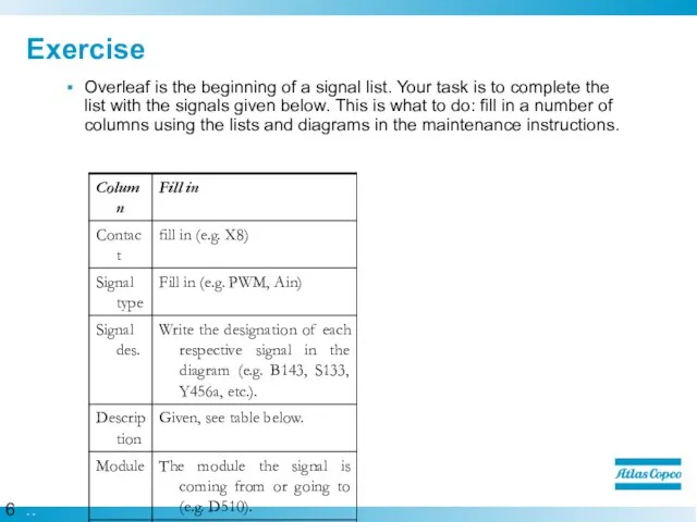 Exercise Overleaf is the beginning of a signal list. Your task is