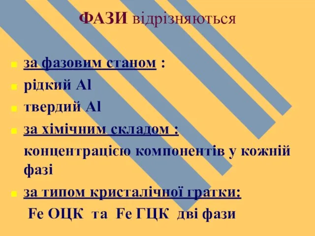 ФАЗИ відрізняються за фазовим станом : рідкий Аl твердий Аl за хімічним