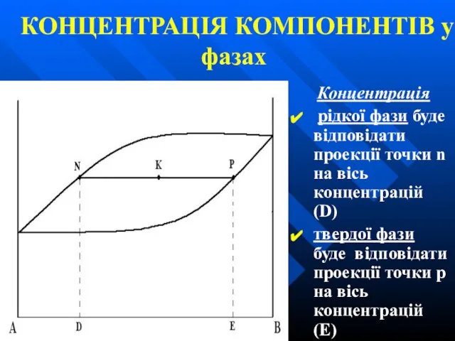 КОНЦЕНТРАЦІЯ КОМПОНЕНТІВ у фазах Концентрація рідкої фази буде відповідати проекції точки n