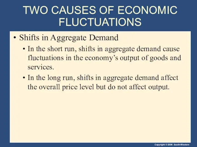 TWO CAUSES OF ECONOMIC FLUCTUATIONS Shifts in Aggregate Demand In the short