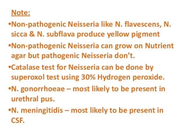 Note: Non-pathogenic Neisseria like N. flavescens, N. sicca & N. subflava produce