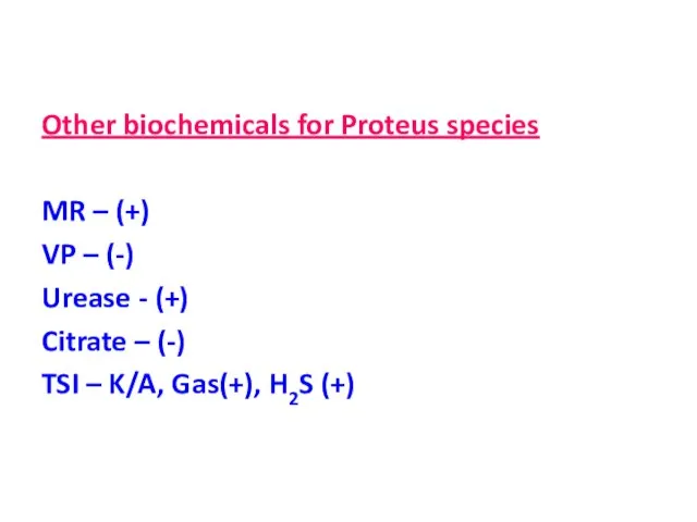 Other biochemicals for Proteus species MR – (+) VP – (-) Urease