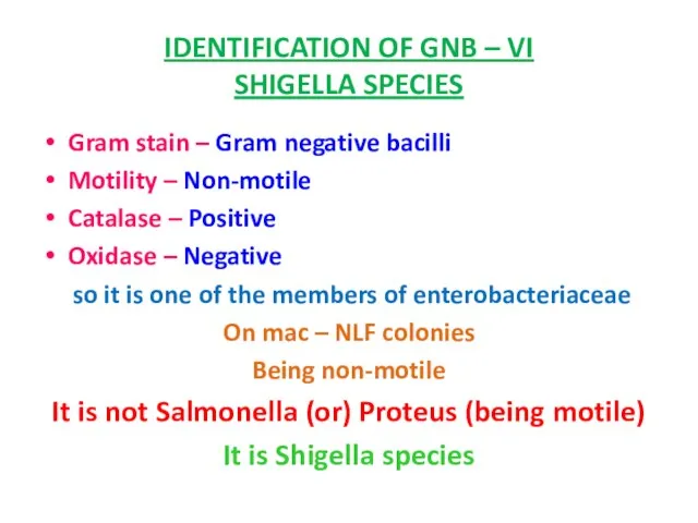 IDENTIFICATION OF GNB – VI SHIGELLA SPECIES Gram stain – Gram negative