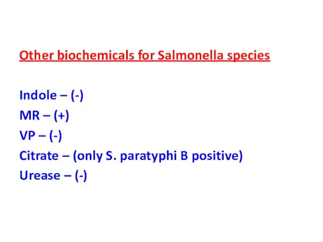 Other biochemicals for Salmonella species Indole – (-) MR – (+) VP