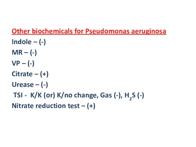 Other biochemicals for Pseudomonas aeruginosa Indole – (-) MR – (-) VP