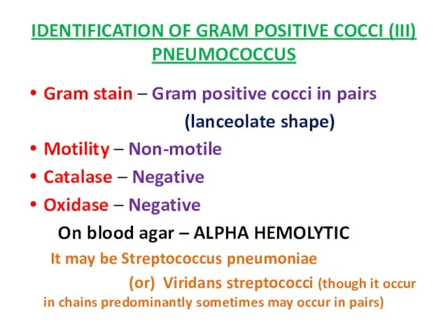 IDENTIFICATION OF GRAM POSITIVE COCCI (III) PNEUMOCOCCUS Gram stain – Gram positive