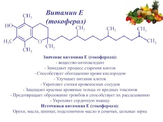 Витамин Е (токоферол)‏ Значение витамина Е (токоферола): - вещество-антиоксидант - Замедляет процесс