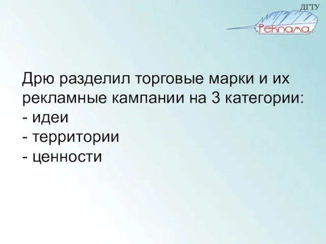 Дрю разделил торговые марки и их рекламные кампании на 3 категории: -