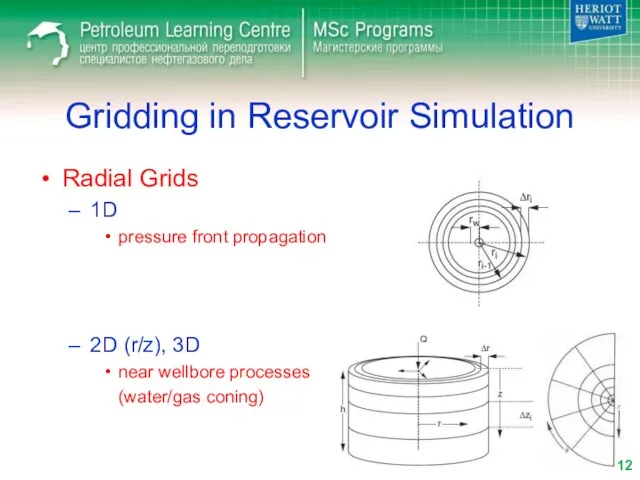 Gridding in Reservoir Simulation Radial Grids 1D pressure front propagation 2D (r/z),