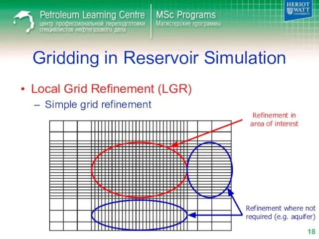 Gridding in Reservoir Simulation Local Grid Refinement (LGR) Simple grid refinement Refinement