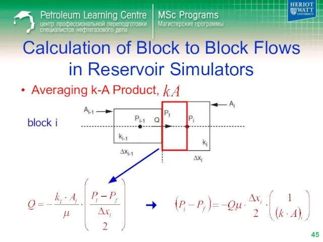 Calculation of Block to Block Flows in Reservoir Simulators Averaging k-A Product, block i