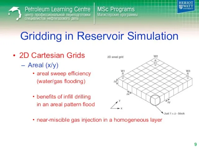 Gridding in Reservoir Simulation 2D Cartesian Grids Areal (x/y) areal sweep efficiency