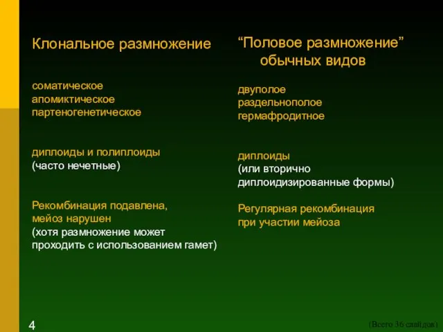 “Половое размножение” обычных видов двуполое раздельнополое гермафродитное диплоиды (или вторично диплоидизированные формы)