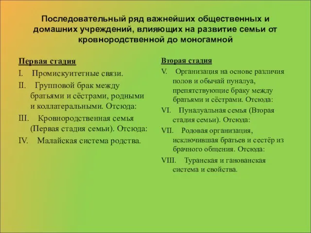 Последовательный ряд важнейших общественных и домашних учреждений, влияющих на развитие семьи от