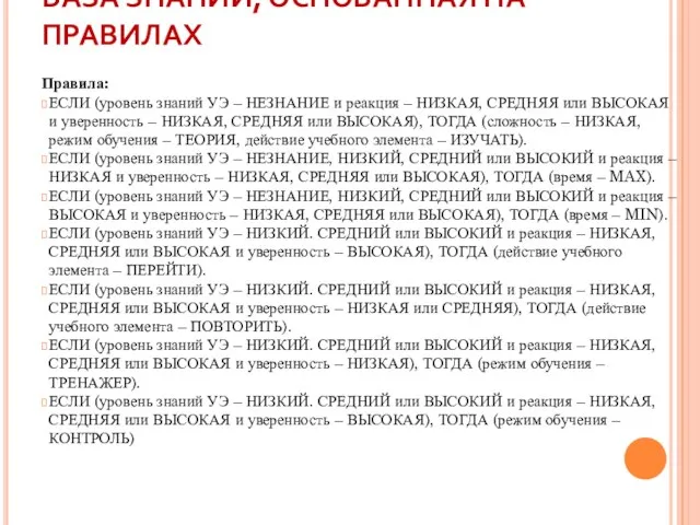 БАЗА ЗНАНИЙ, ОСНОВАННАЯ НА ПРАВИЛАХ Правила: ЕСЛИ (уровень знаний УЭ – НЕЗНАНИЕ