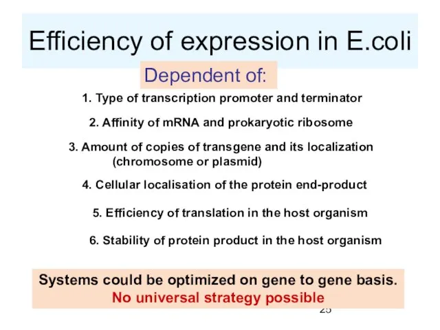 Efficiency of expression in E.coli Dependent of: 1. Type of transcription promoter