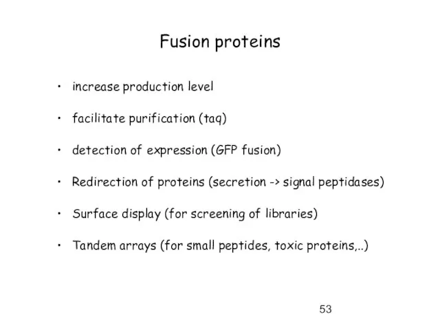 Fusion proteins increase production level facilitate purification (taq) detection of expression (GFP