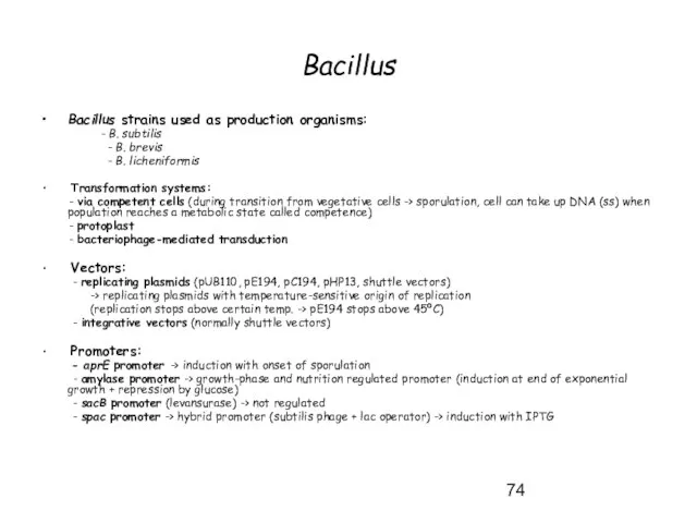 Bacillus Bacillus strains used as production organisms: - B. subtilis - B.