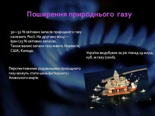 Поширення природнього газу 30—32 % світових запасів природного газу належать Росії. На