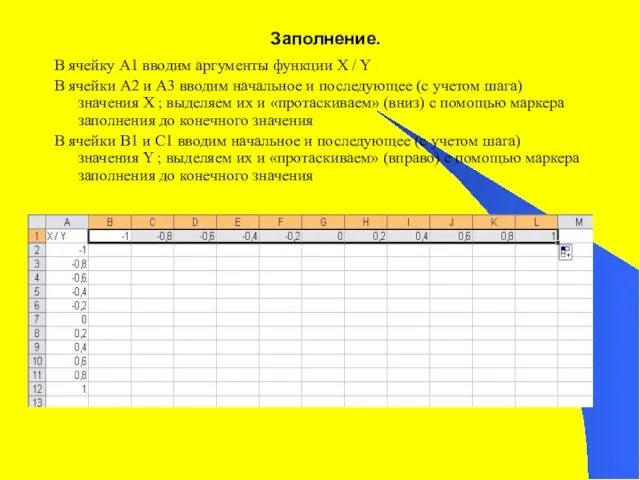 Заполнение. В ячейку А1 вводим аргументы функции X / Y В ячейки