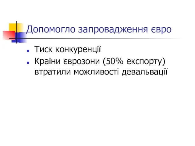 Допомогло запровадження євро Тиск конкуренції Країни єврозони (50% експорту) втратили можливості девальвації