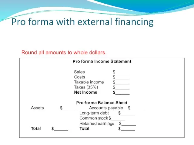 Pro forma with external financing Pro forma Income Statement Sales $______ Costs