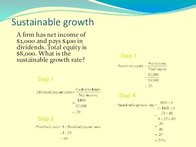 Sustainable growth A firm has net income of $2,000 and pays $400