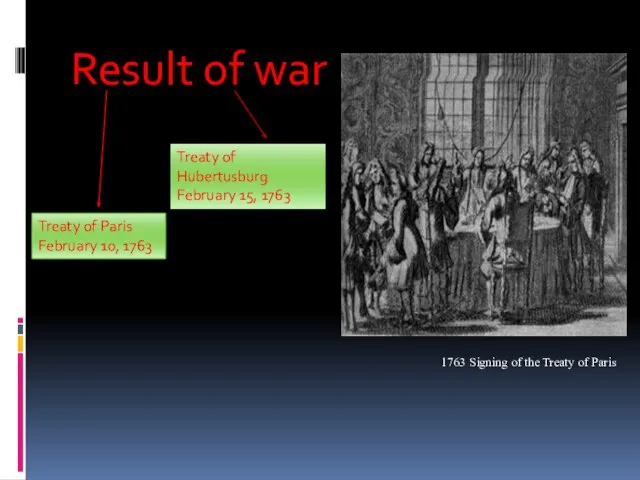 Result of war 1763 Signing of the Treaty of Paris Treaty of