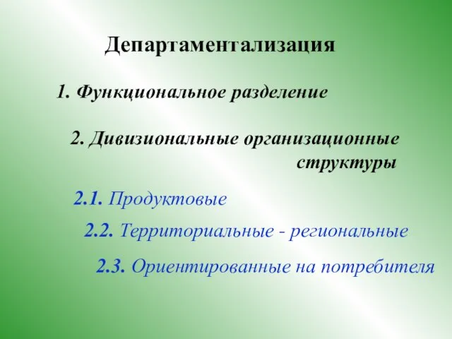 Департаментализация 1. Функциональное разделение 2. Дивизиональные организационные структуры 2.1. Продуктовые 2.2. Территориальные